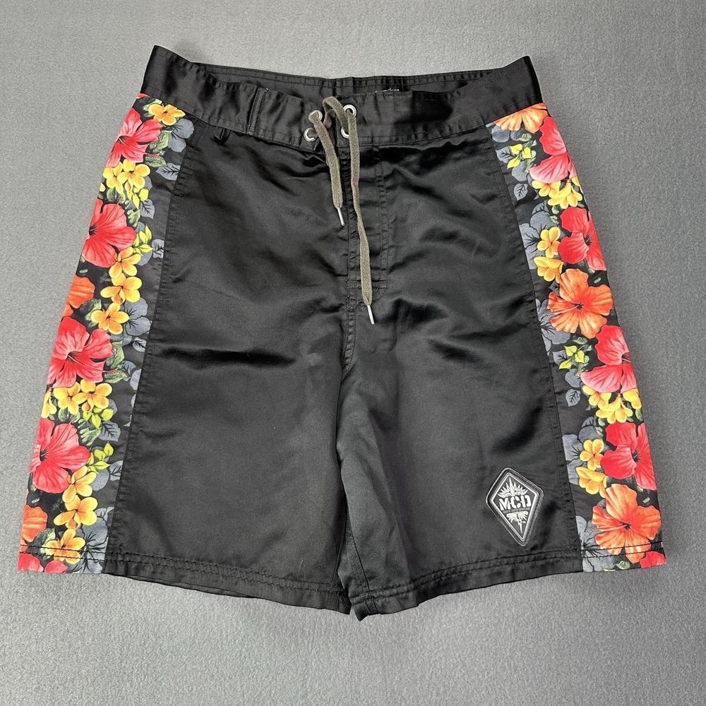 MCD Board Shorts Men 32 Black Floral Strip Swim Trunks Y2K More Core Division